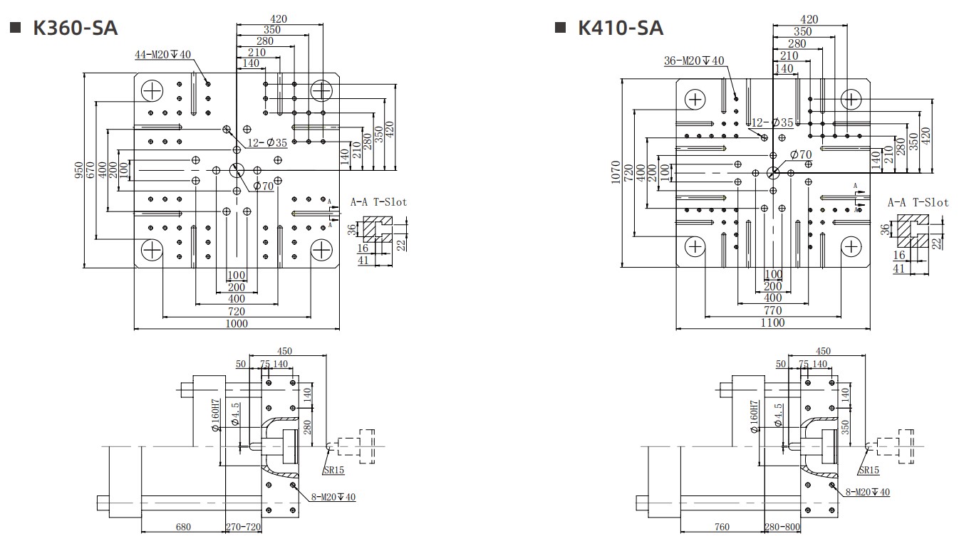 Technical drawing showing mounting patterns and T-slot dimensions for K360 and K410 models.