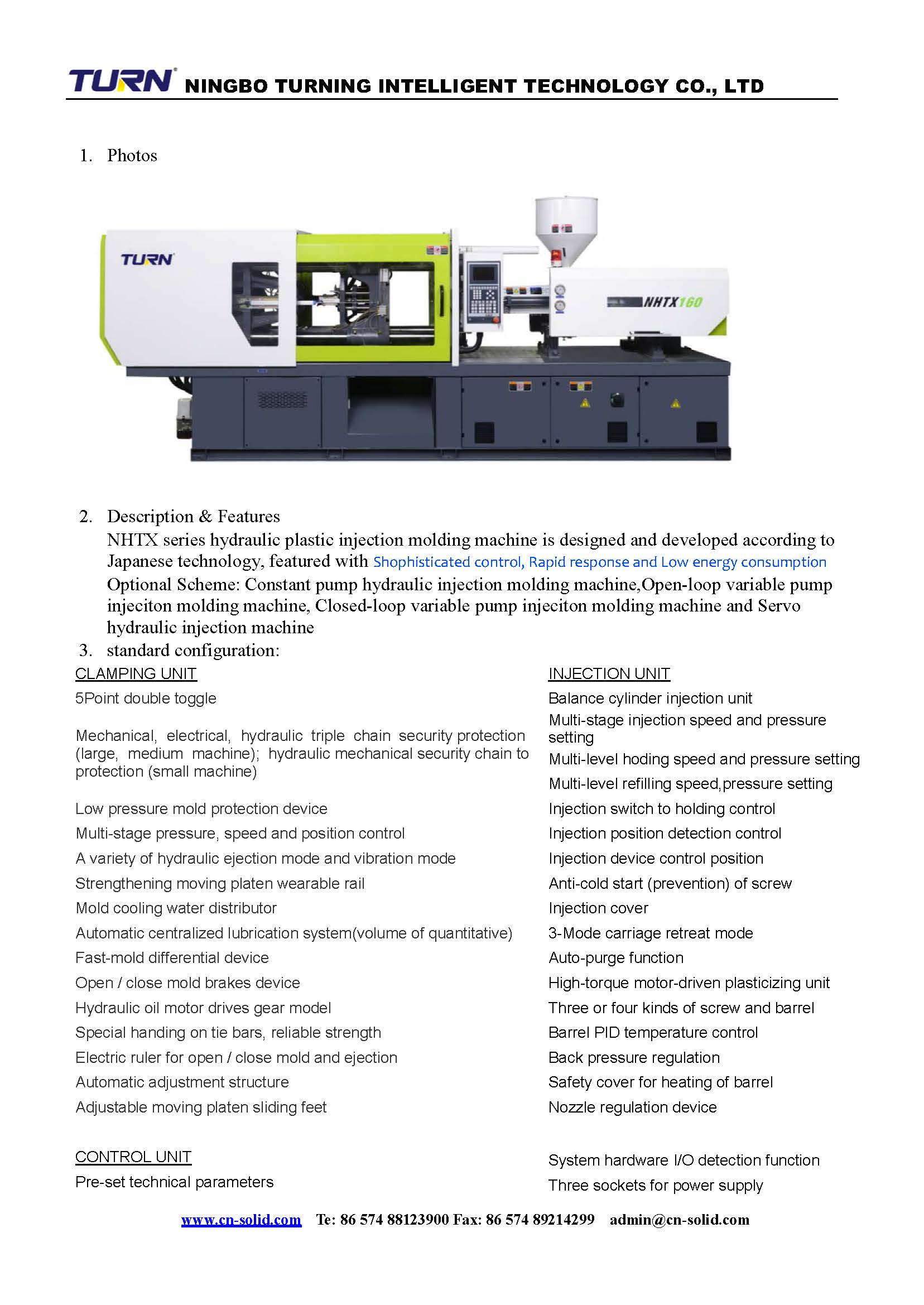 Overview of the NHTX series injection molding machine features and configuration options.