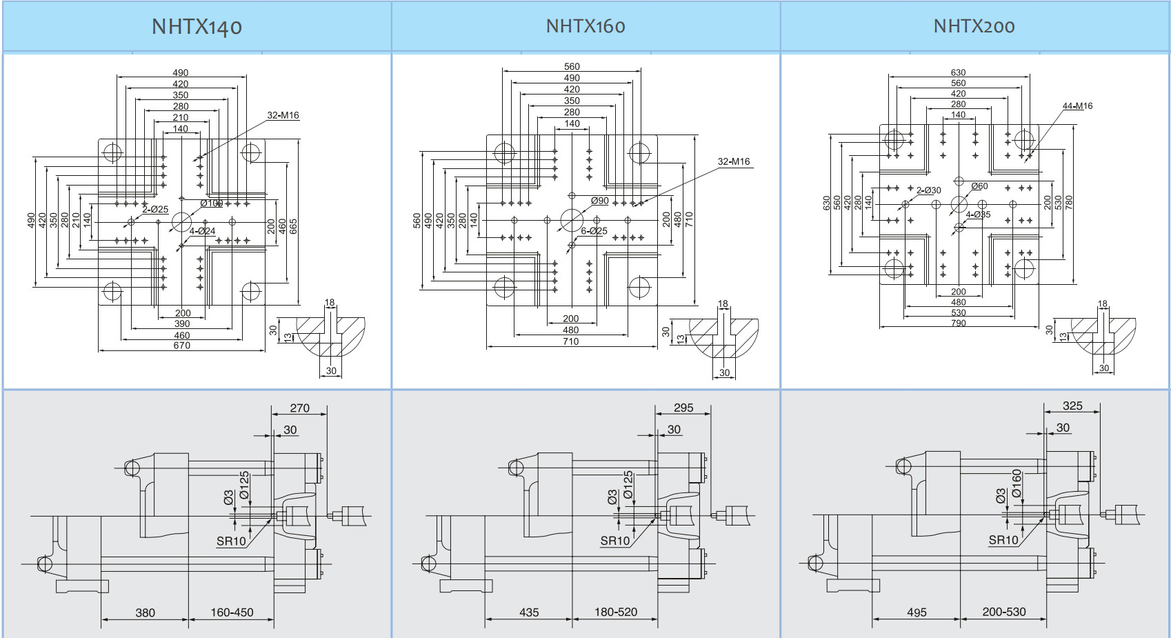 Technical engineering drawing showing dimensions and mold mounting patterns for NHTX series machines.