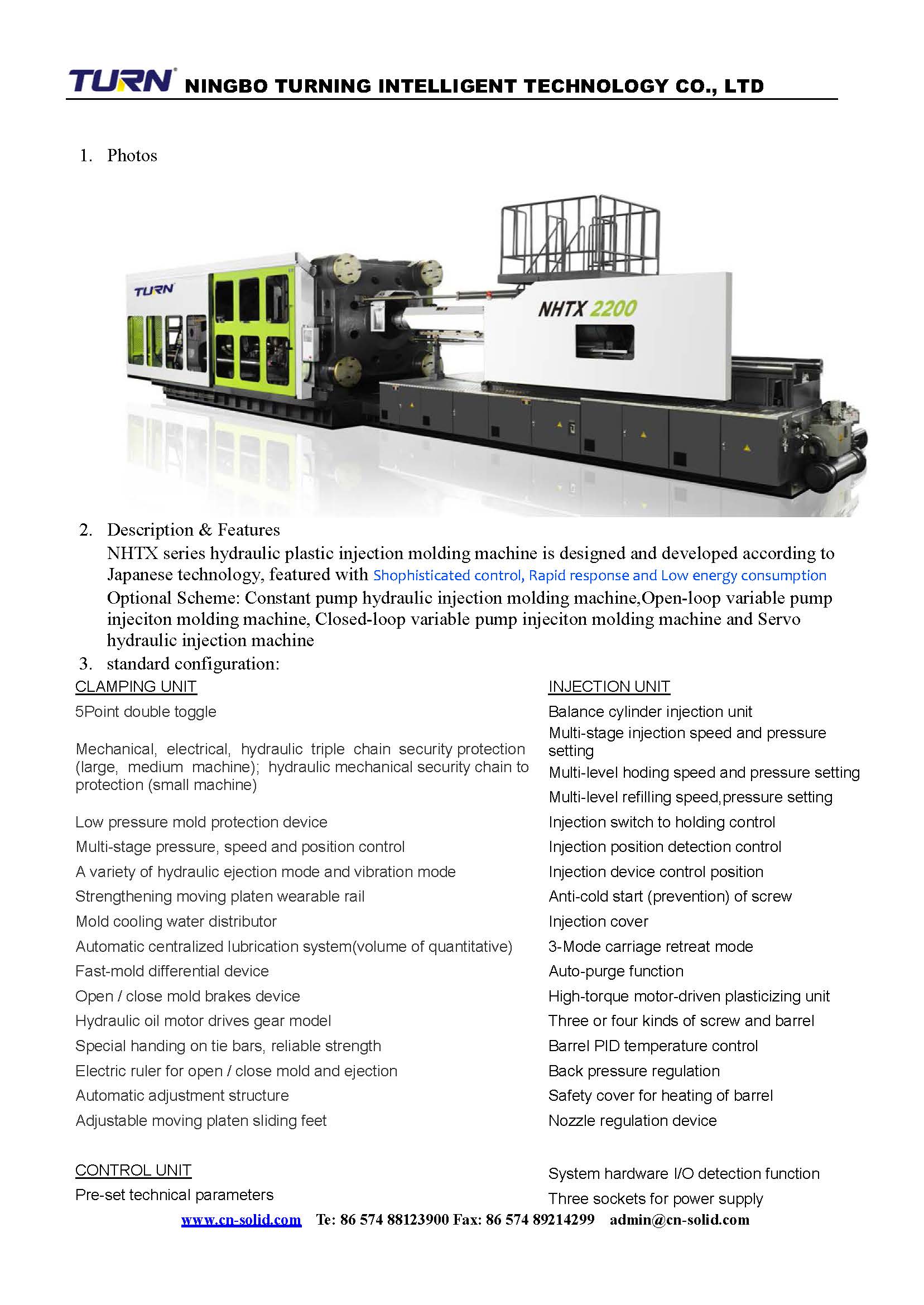 Diagram showing the clamping unit and control features of the injection molding machine