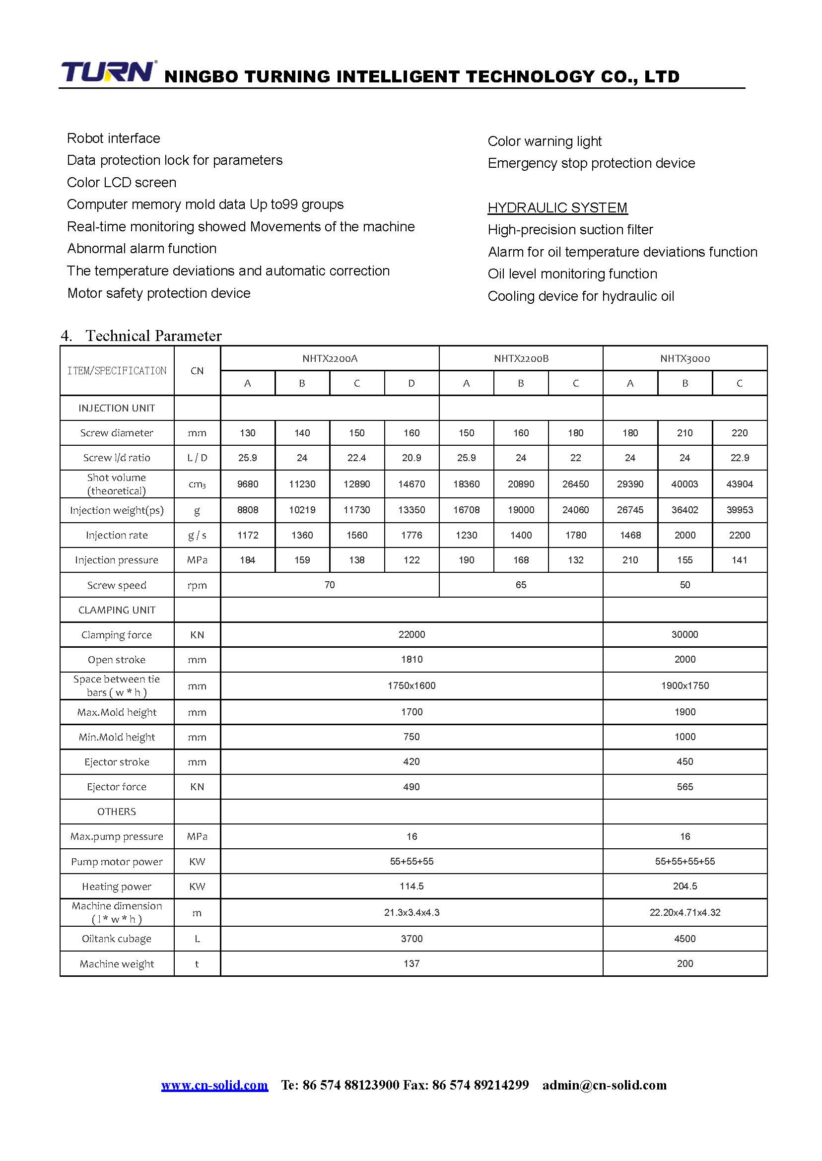 Technical parameter overview for NHTX series injection molding machines