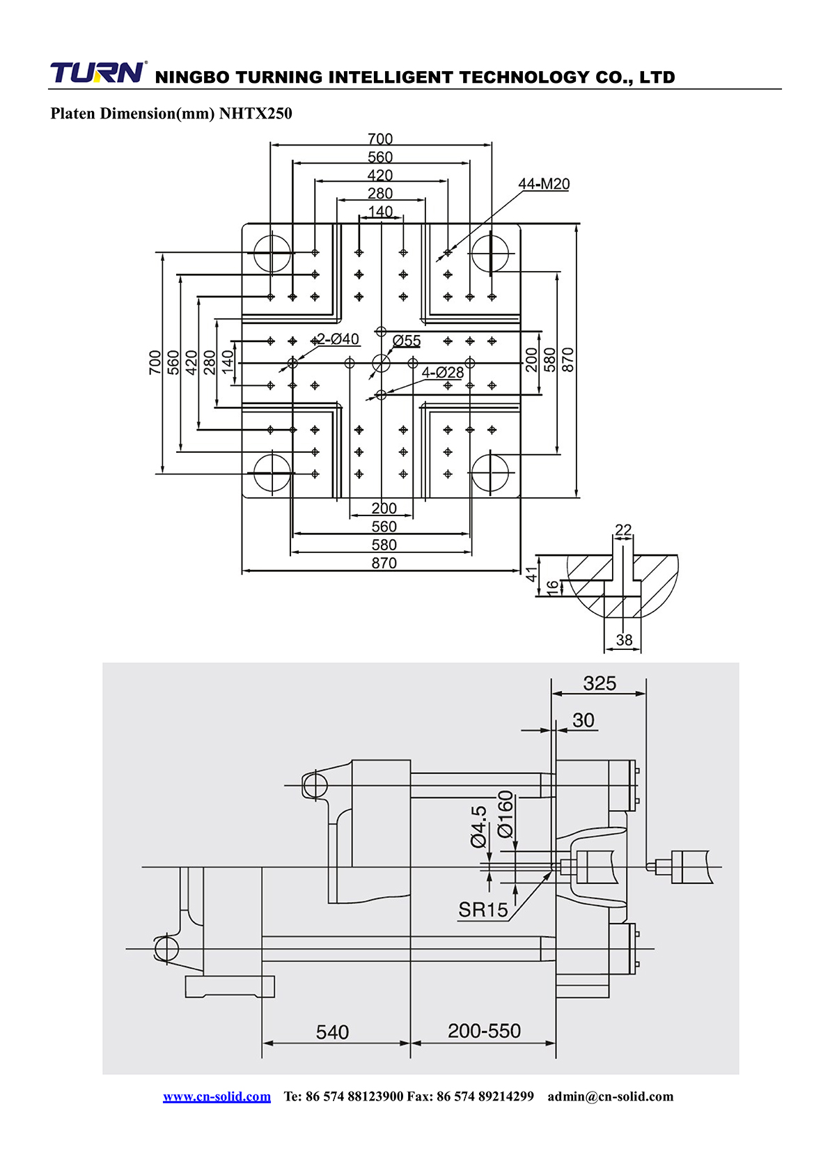 Platen dimension diagram for the NHTX250 model