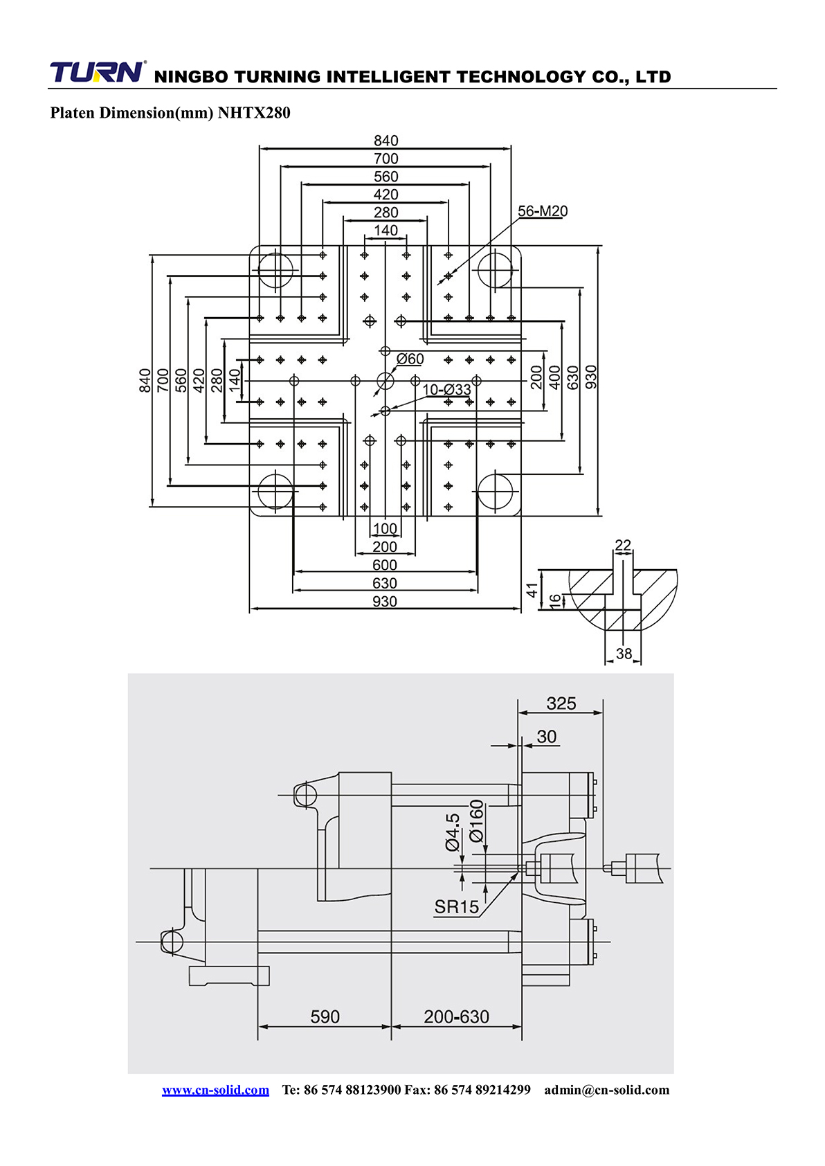 Platen dimension diagram for the NHTX280 model