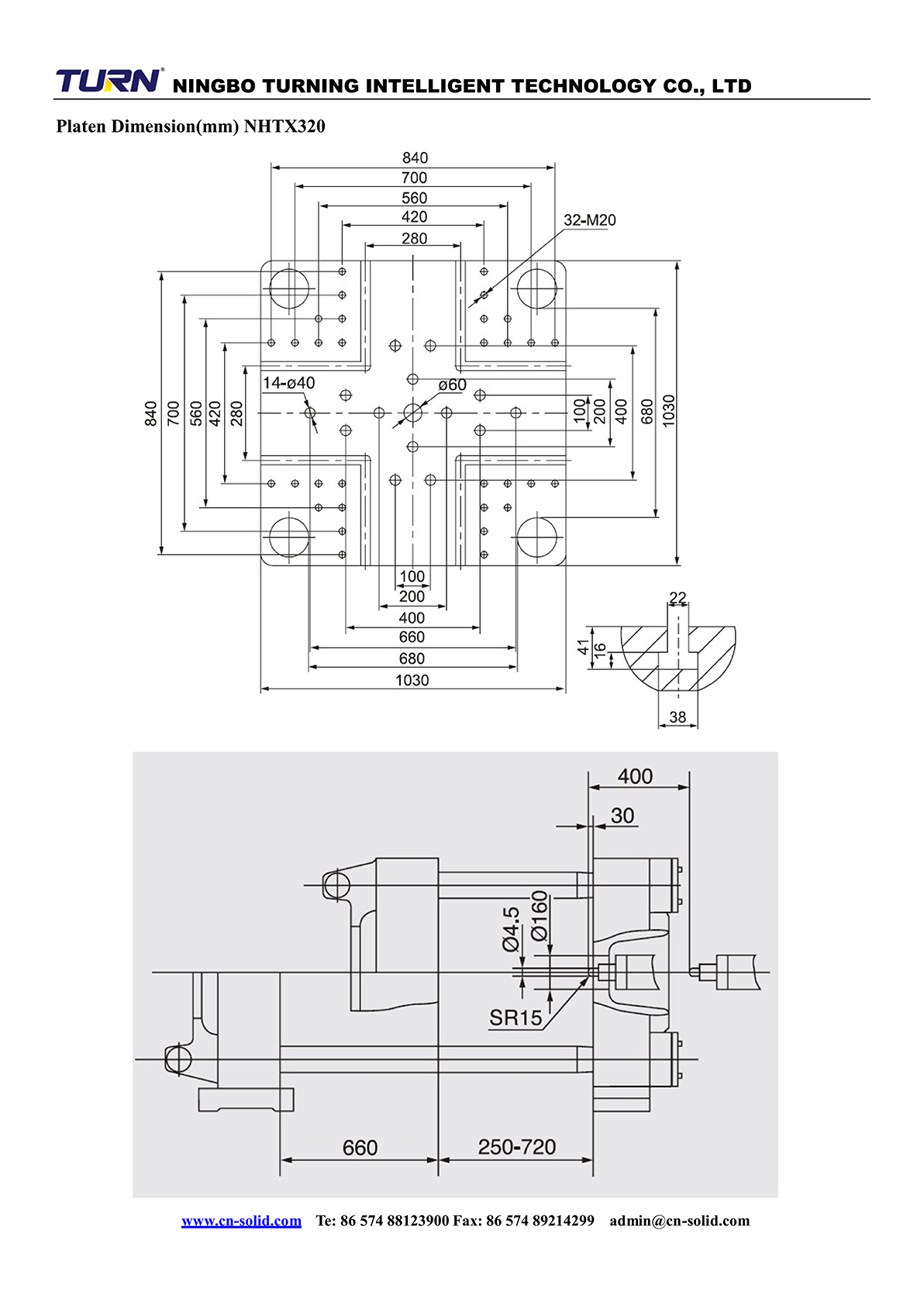 Platen dimension diagram for the NHTX320 model