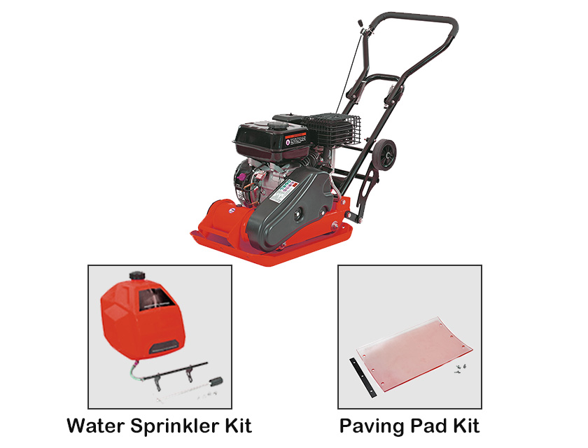 Gasoline plate compactor showing various accessories and features
