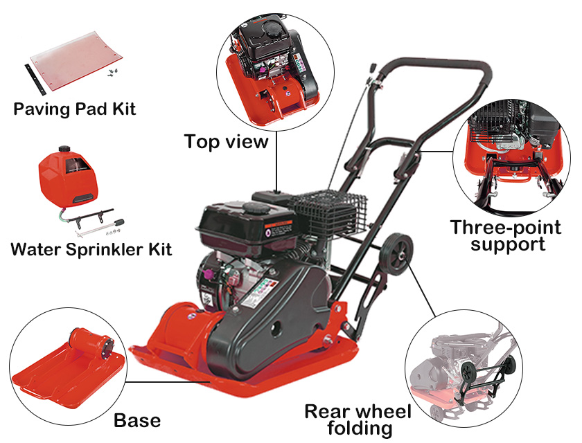 Gasoline plate compactor showing base plate and engine detail