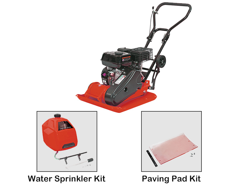Gasoline plate compactor showing optional water sprinkler and paving pad accessories