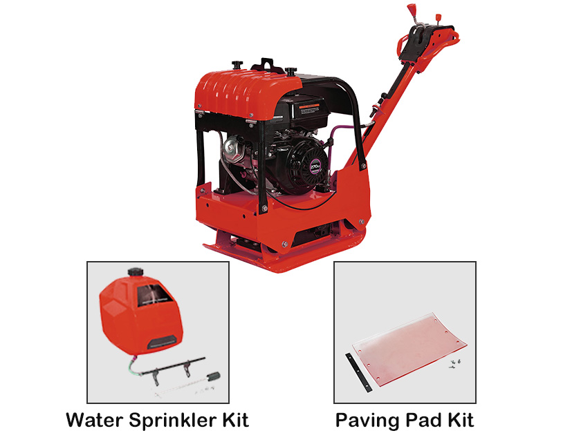 Gasoline plate compactor showing 270cc engine and accessories