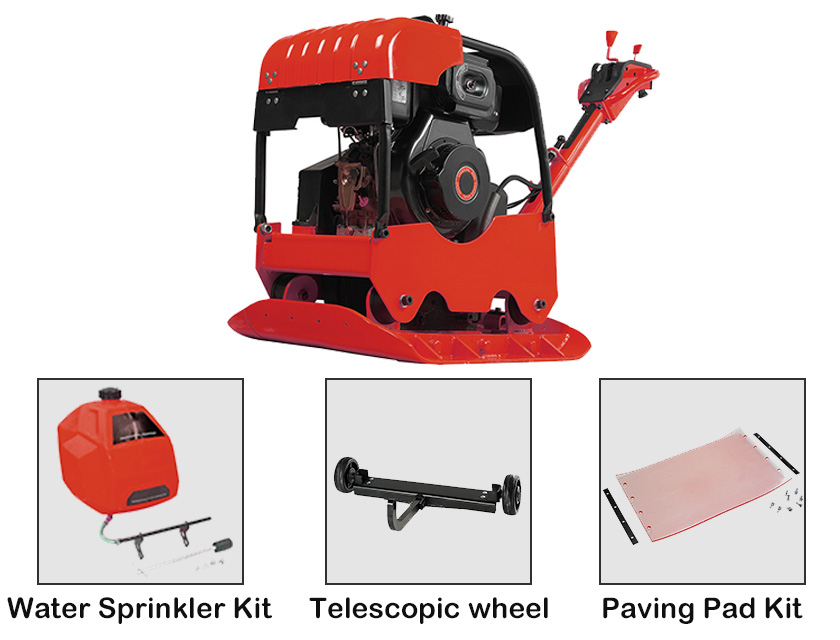 Gasoline plate compactor showing accessories including water sprinkler kit, telescopic wheels, and paving pad