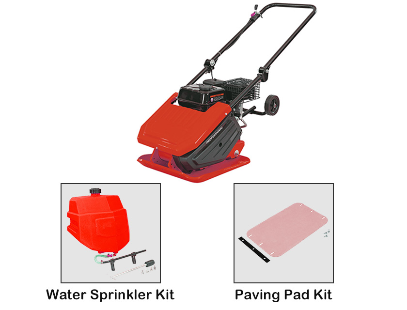 Gasoline plate compactor showing rugged steel base plate and foldable handle