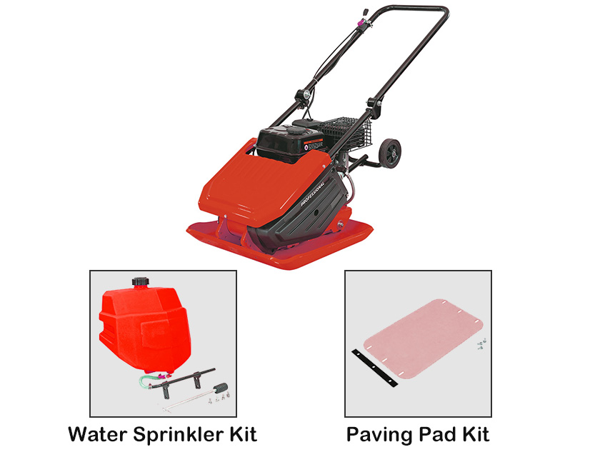 Gasoline plate compactor showing structural details and accessories