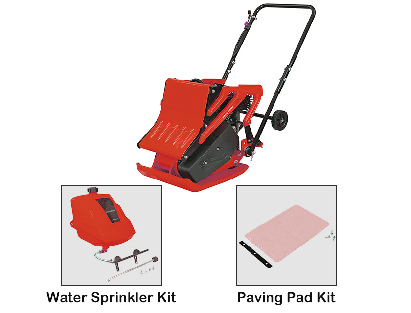 Gasoline plate compactor showing water sprinkler and paving pad attachments