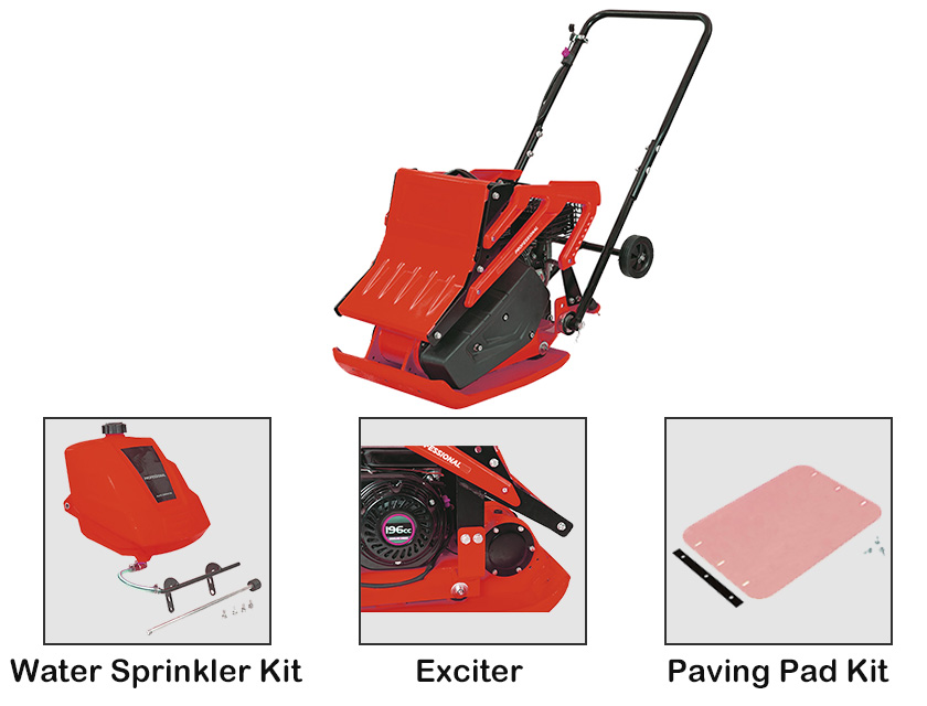 Gasoline plate compactor showing engine and base plate details