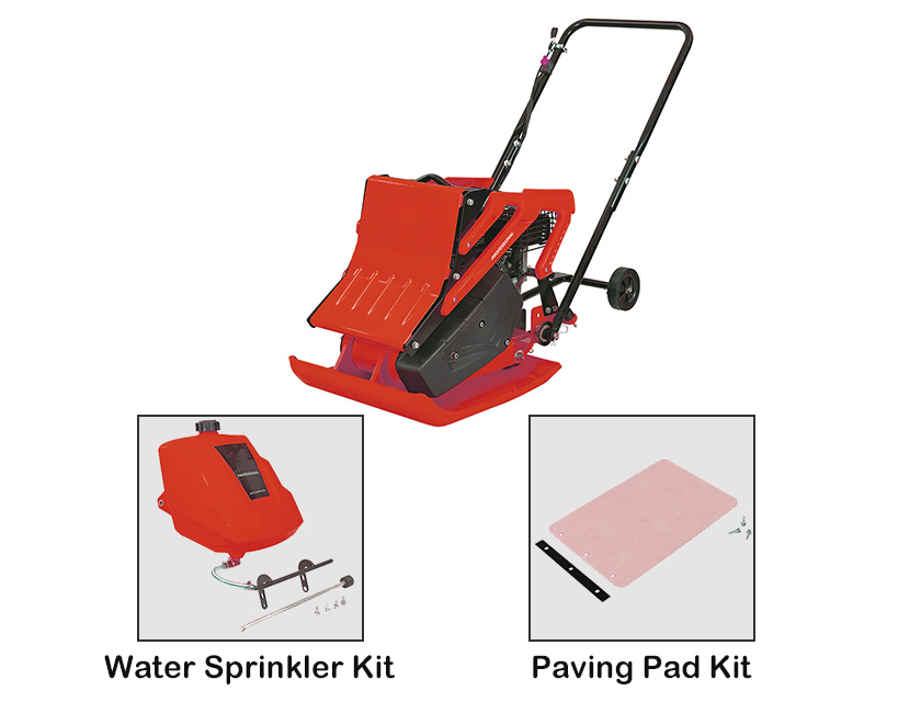 Gasoline plate compactor showing structural details and optional accessory compatibility