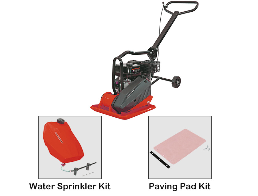 Gasoline plate compactor showing optional water sprinkler and paving pad kit attachments