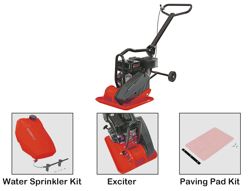 Gasoline plate compactor showing exciter and accessory mounting points