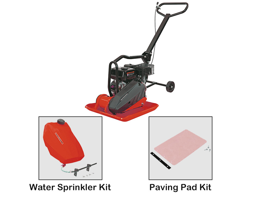 Gasoline plate compactor showing water sprinkler and paving pad accessories