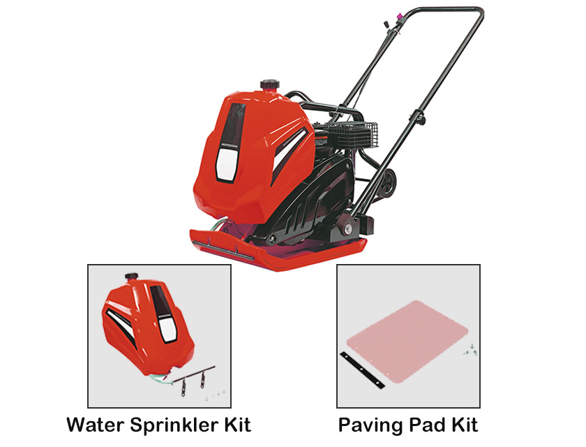Gasoline Plate Compactor with water sprinkler and paving pad accessories