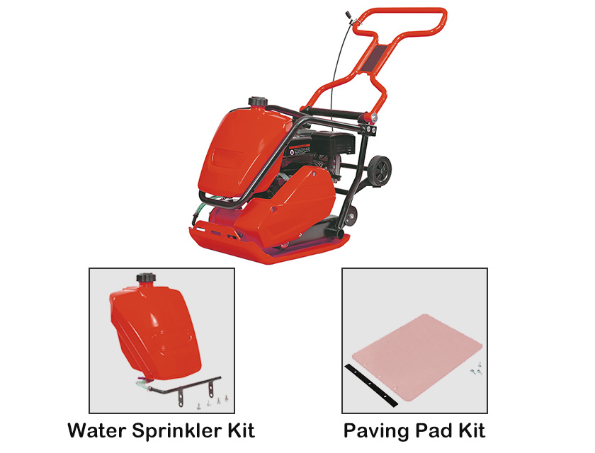 Gasoline plate compactor with optional water sprinkler and paving pad kits