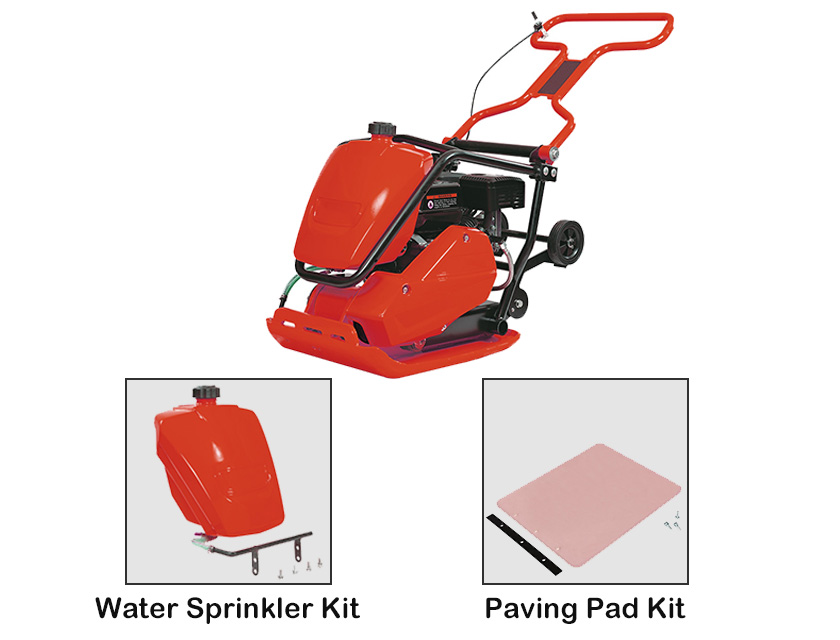 Gasoline plate compactor showing structural details and optional accessory compatibility