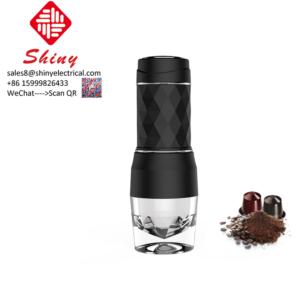 Portable coffee maker showing transparent water reservoir and capsule compatibility