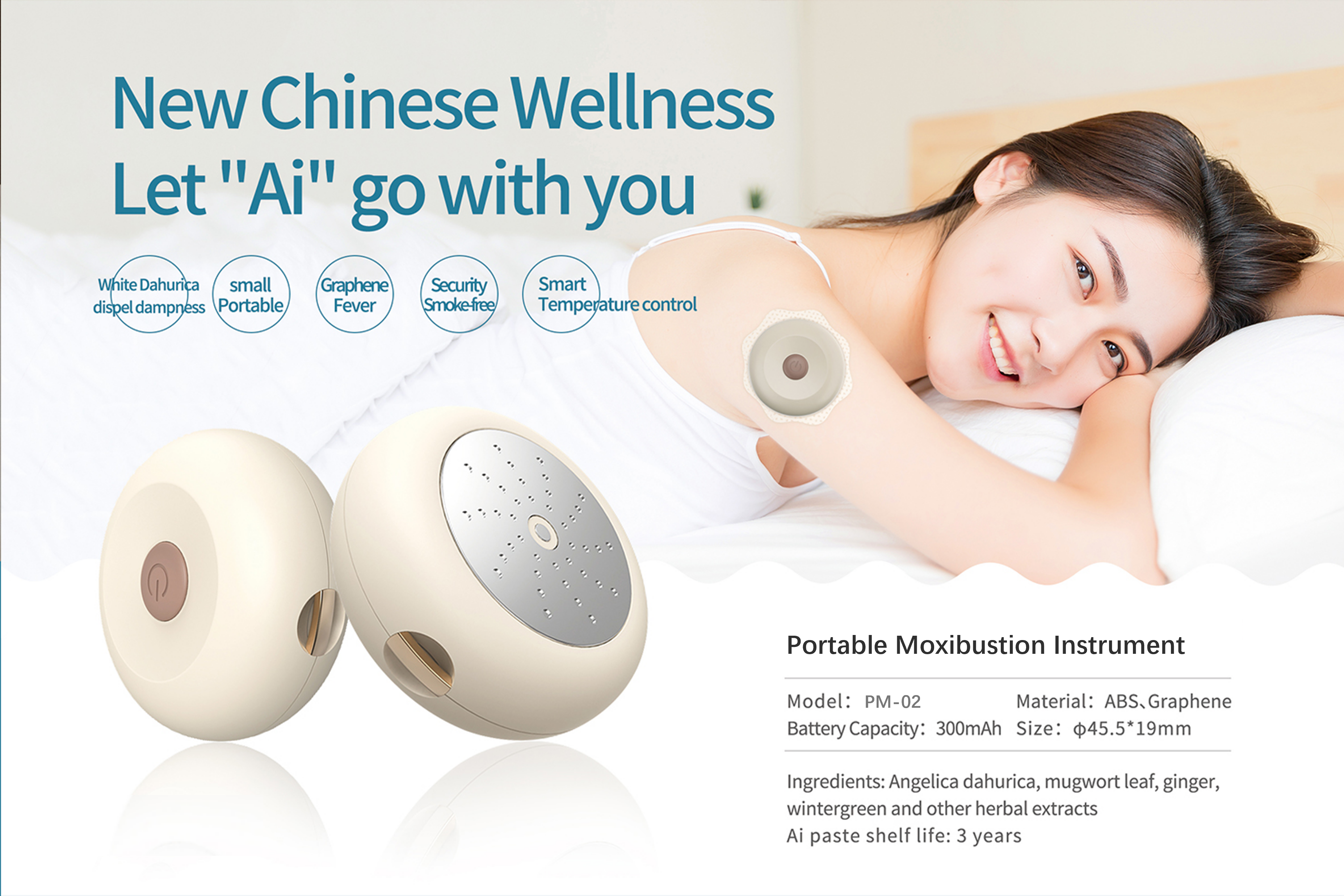 Portable moxibustion device showing its compact size and herbal components
