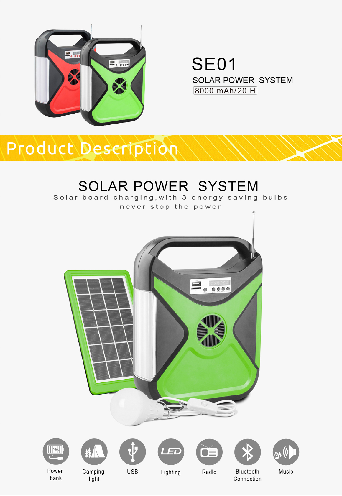 Solar home lighting kit overview showing system components and bulbs