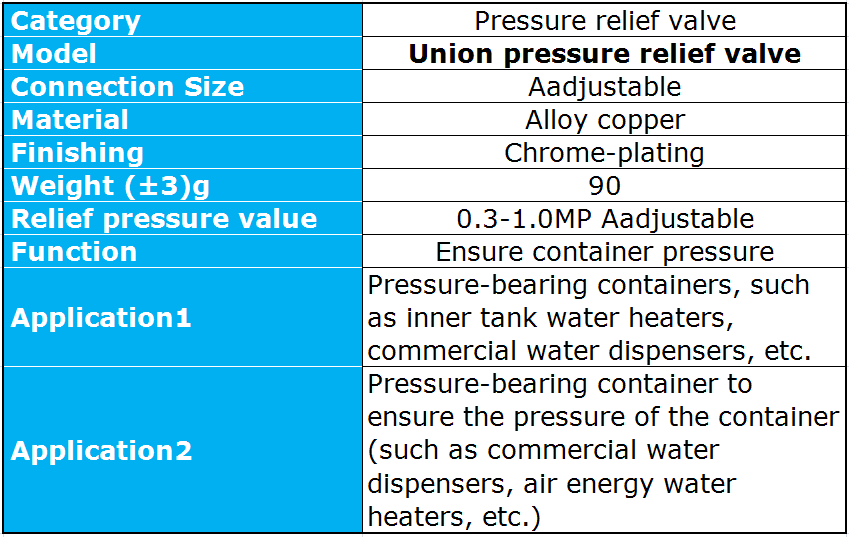 Technical diagram and specification details of the chrome-plated copper alloy pressure relief valve