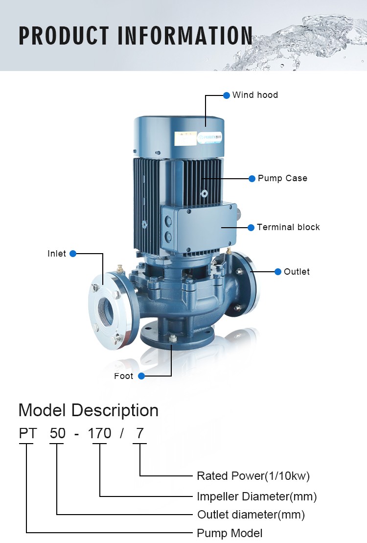 Components and model description guide for PT series pumps.