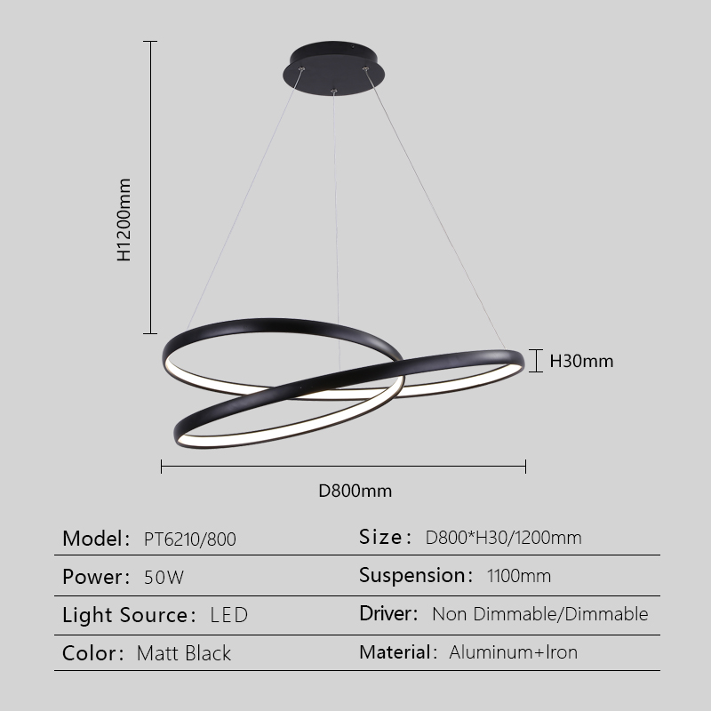 Technical diagram showing dimensions and finish of the Interwoven Ring LED Pendant Light