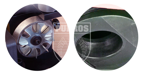 Close up of the grinding wheel and internal mechanism