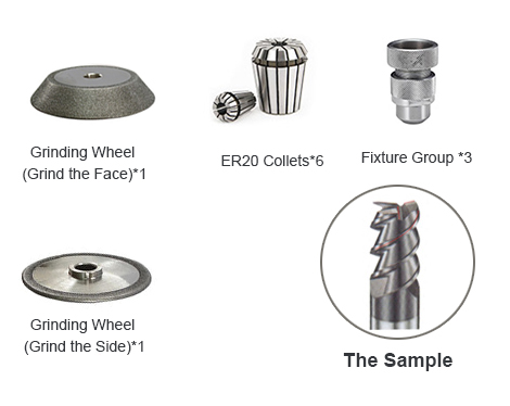 End mill grinder showing included accessories and collets