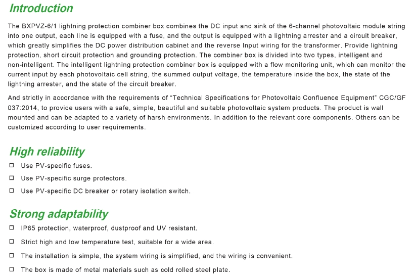 Diagram and feature summary of the 6-channel PV combiner box