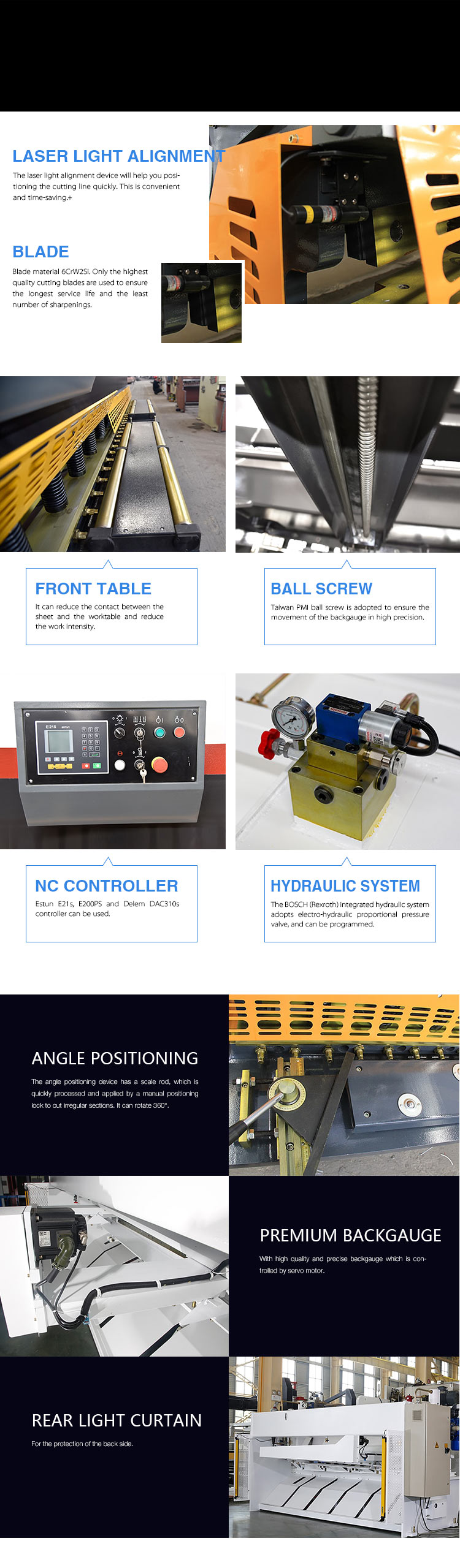 Diagrams and labels highlighting technical components of the hydraulic guillotine shear