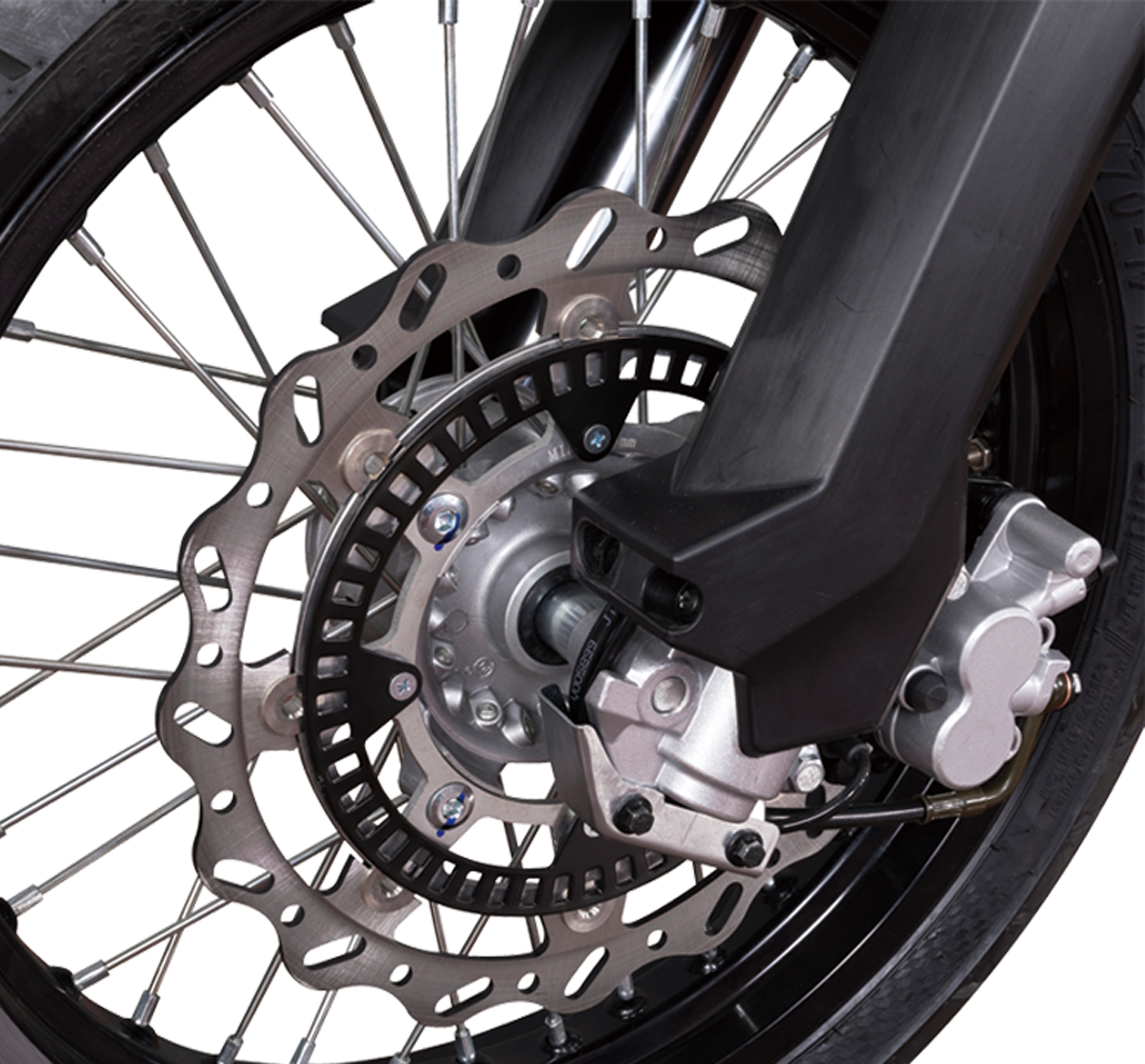 Close up of the front wheel and braking system