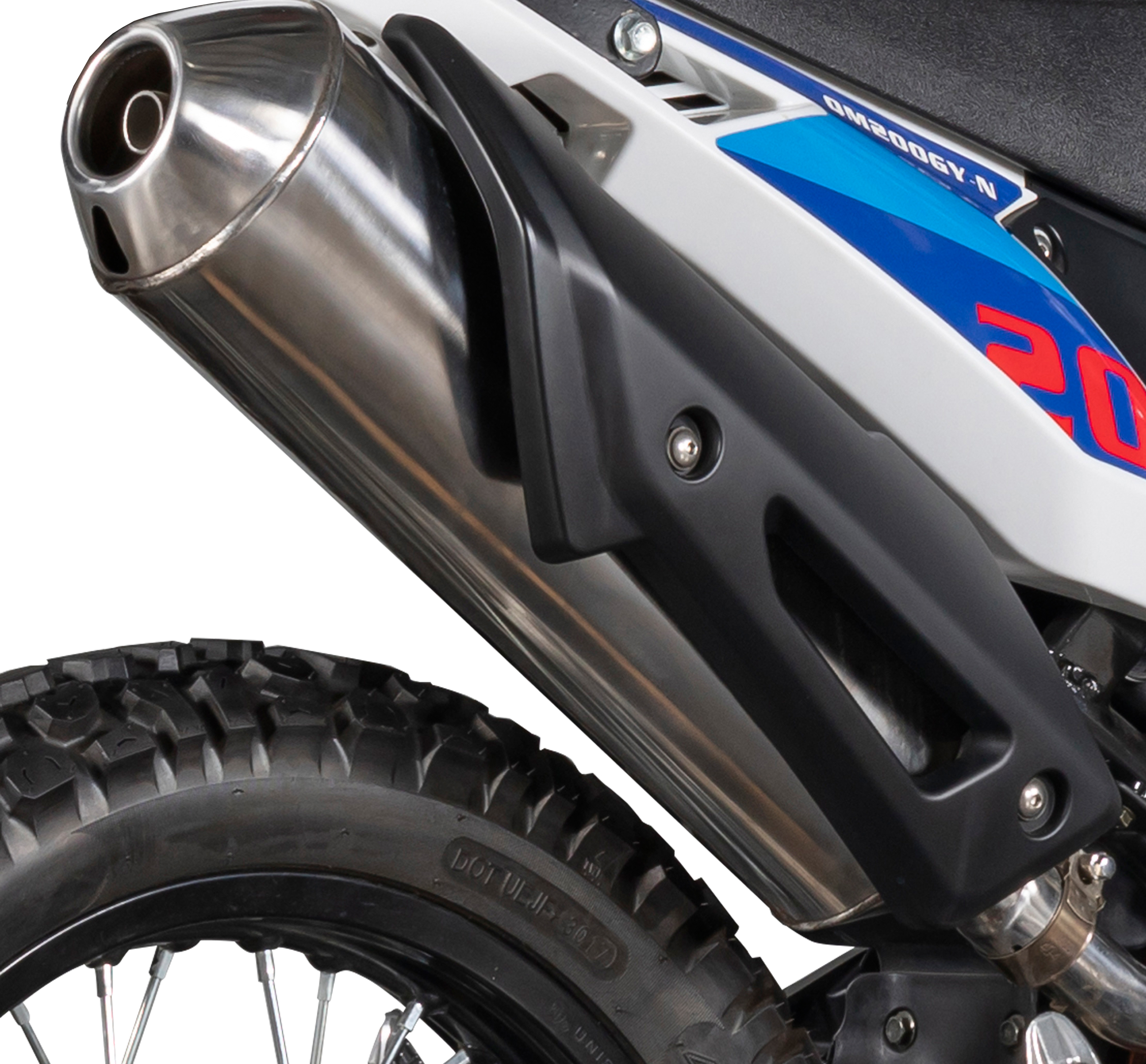 Stainless steel exhaust system and knobby tire on off-road motorcycle