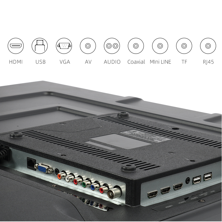 Rear view of TV showing input and output connectivity ports