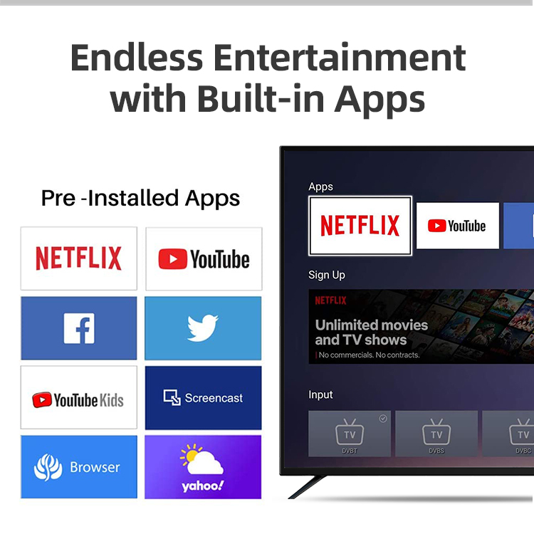 Smart TV interface featuring pre-installed apps like Netflix and YouTube