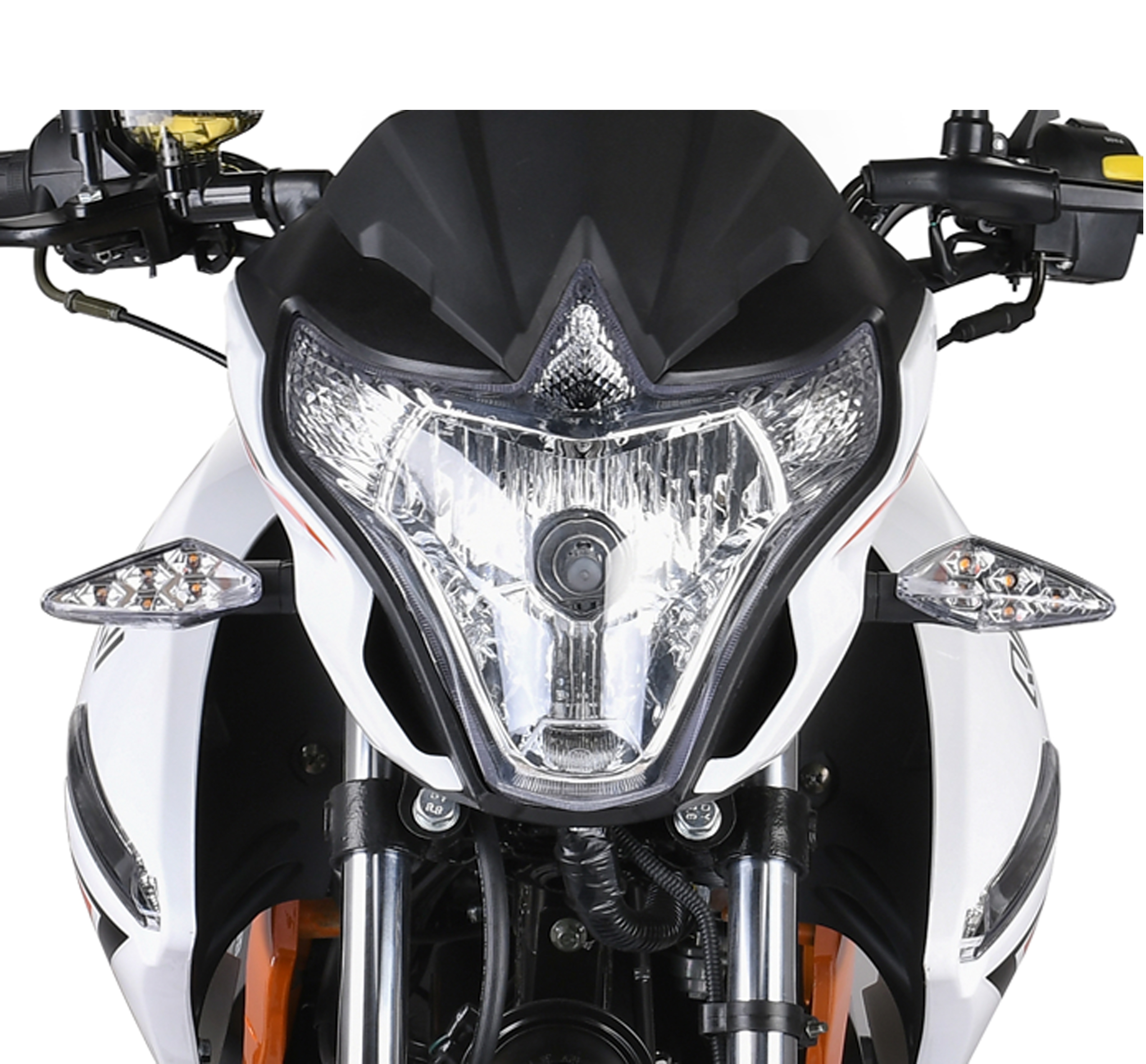 Front view of the Falcon motorcycle showing bionic headlight design