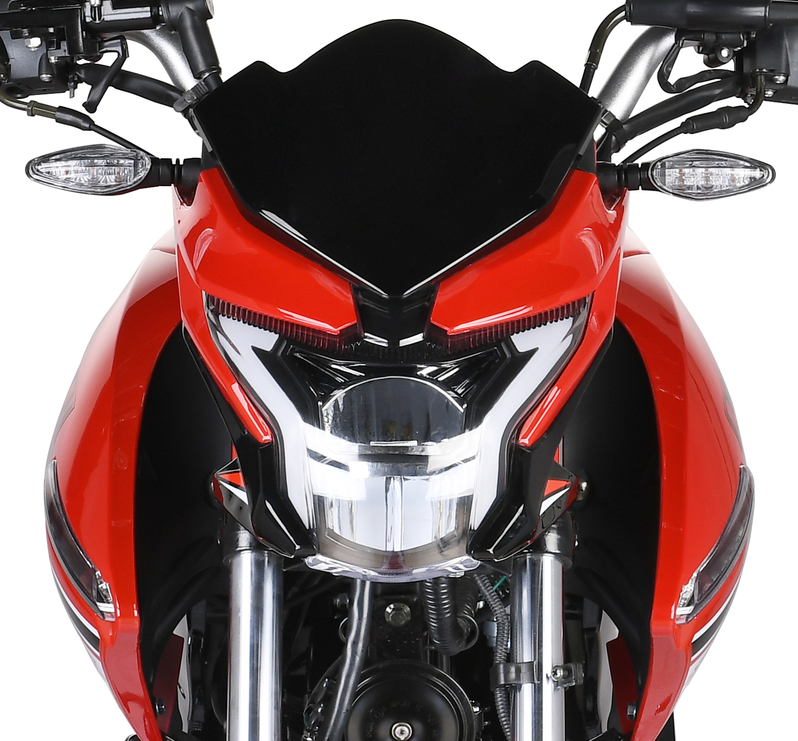 Front view of the sporty motorcycle with LED headlights