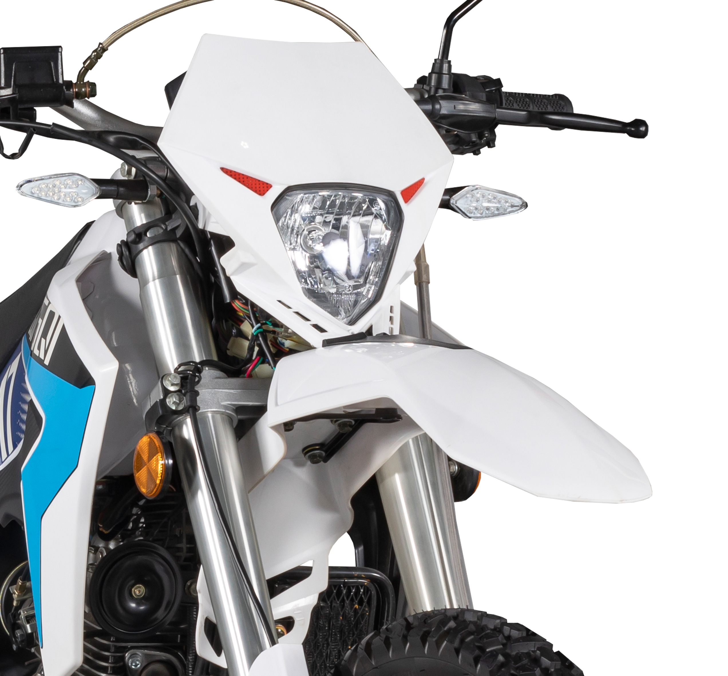 Front view of the motorcycle highlighting headlight and fender design