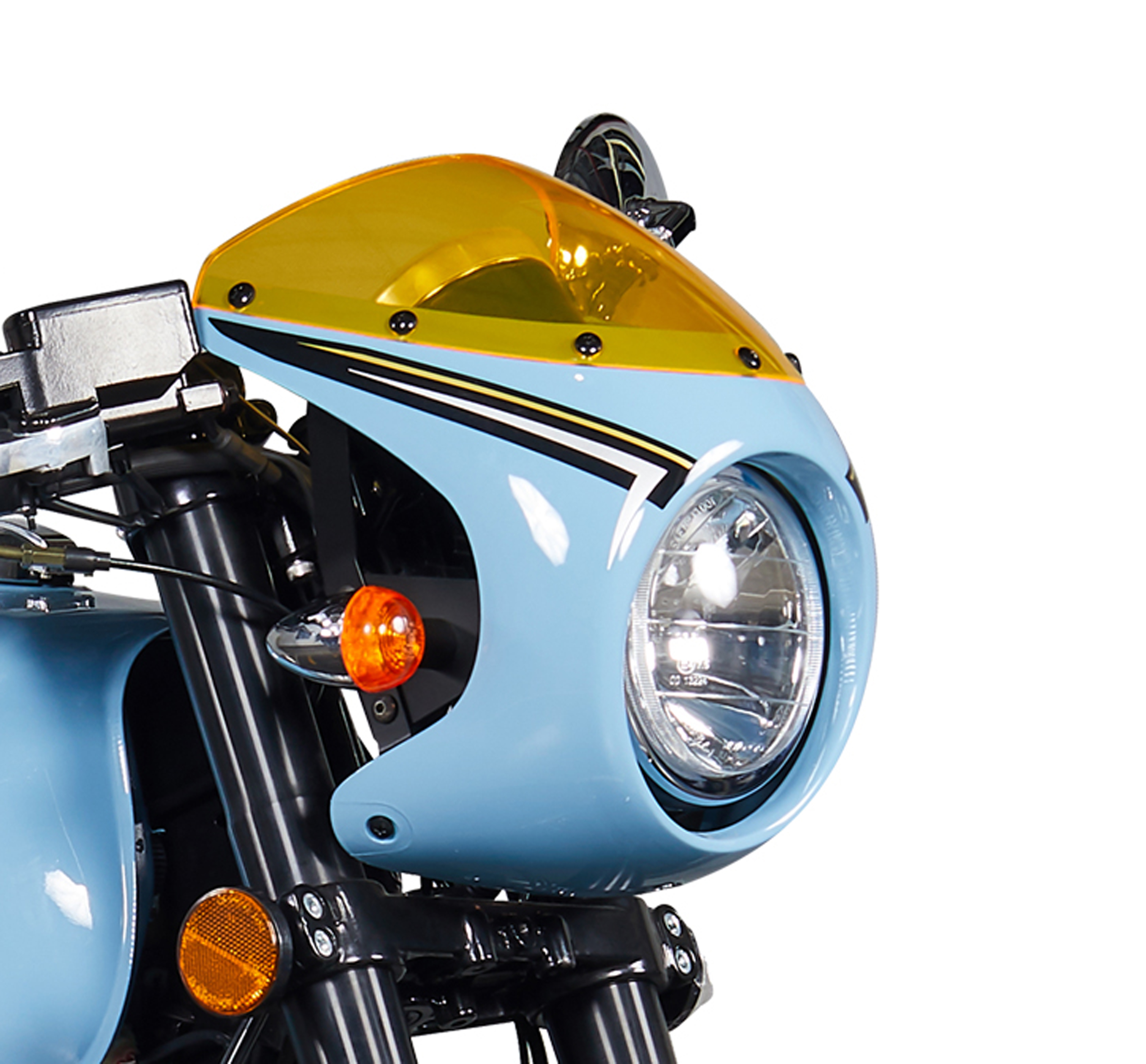 Side profile view of the cafe racer with fairing