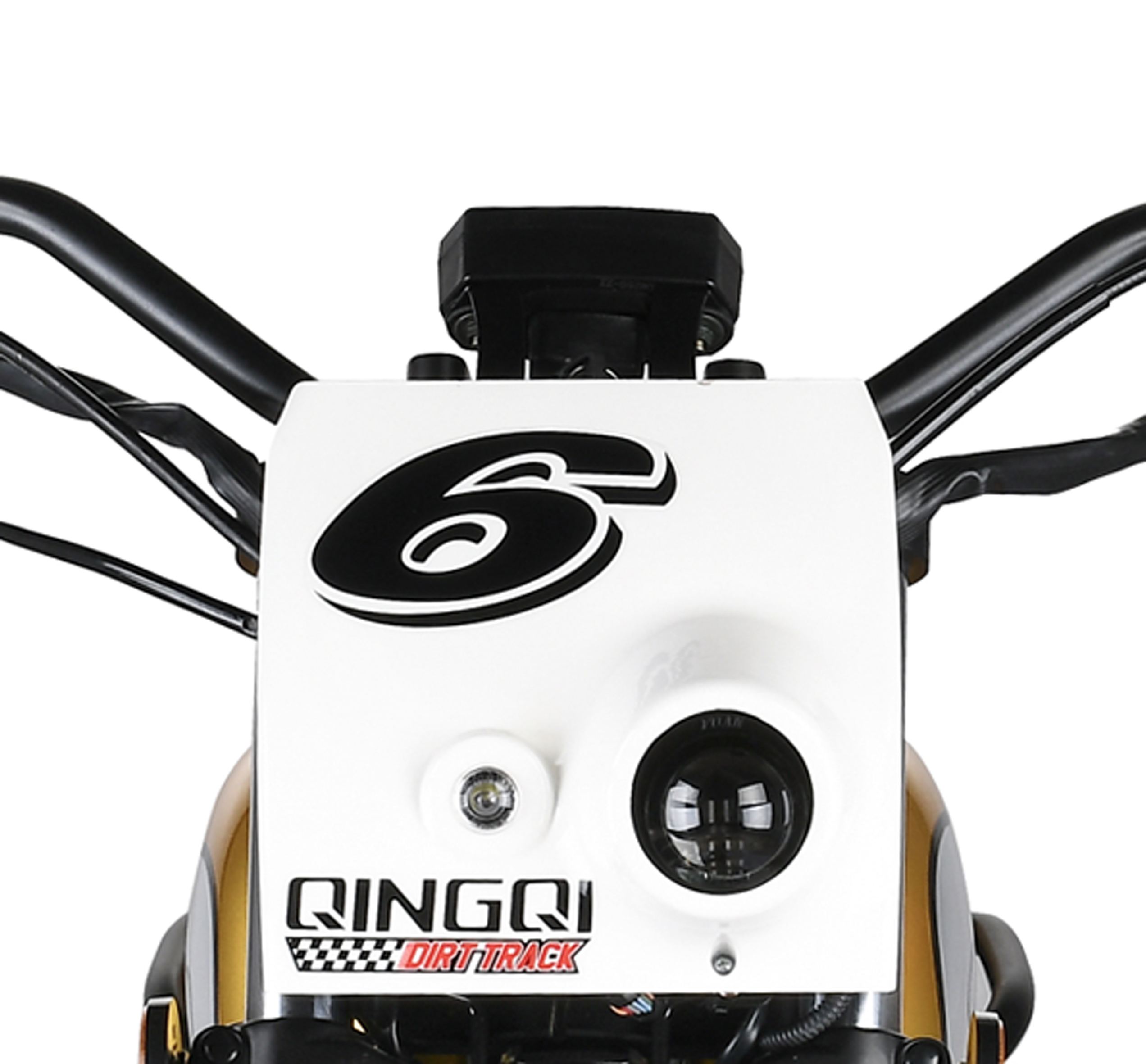 Front view of retro dirt track motorcycle with racing plate