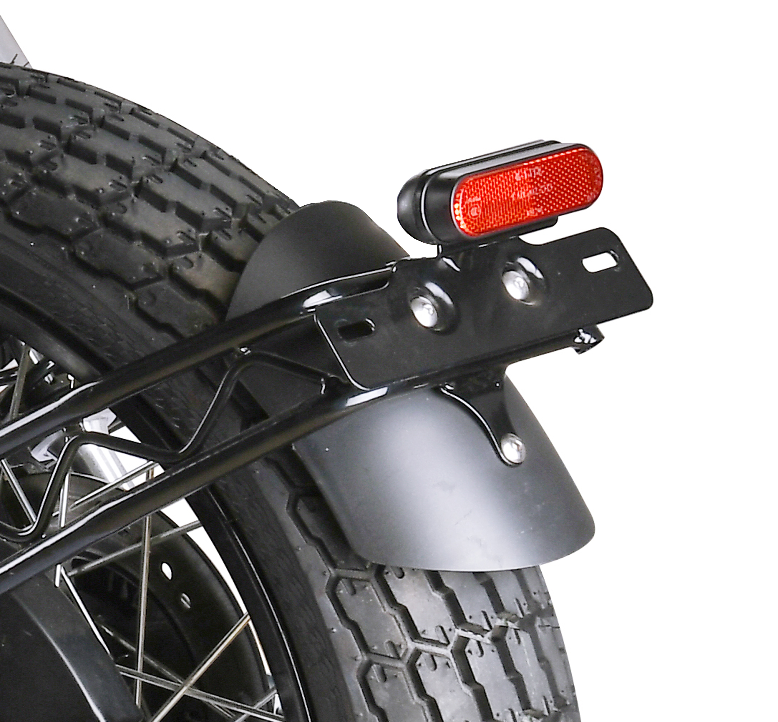 Rear view of motorcycle showing fender and tail light