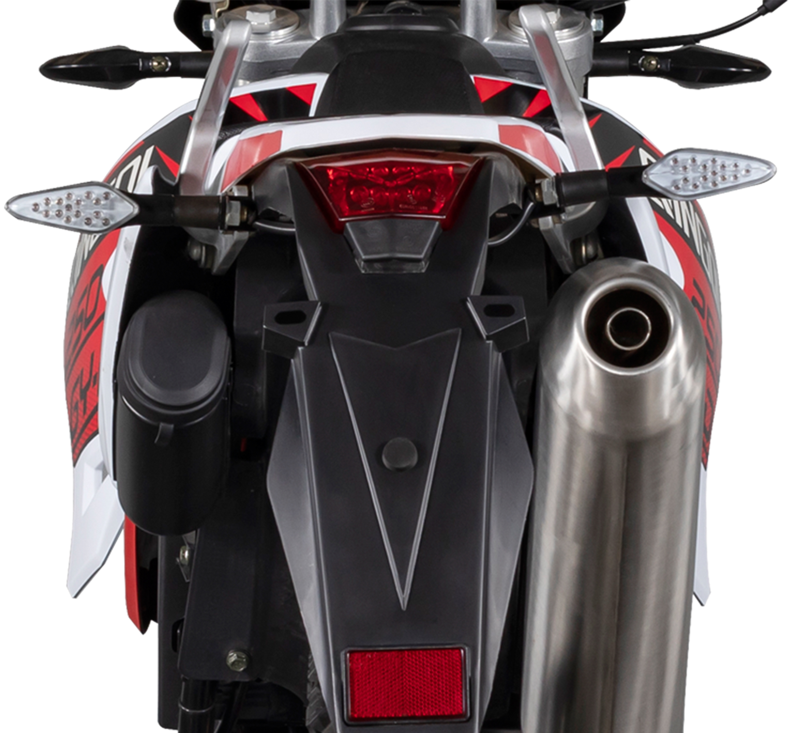 Rear view of the motorcycle showing lighting and exhaust
