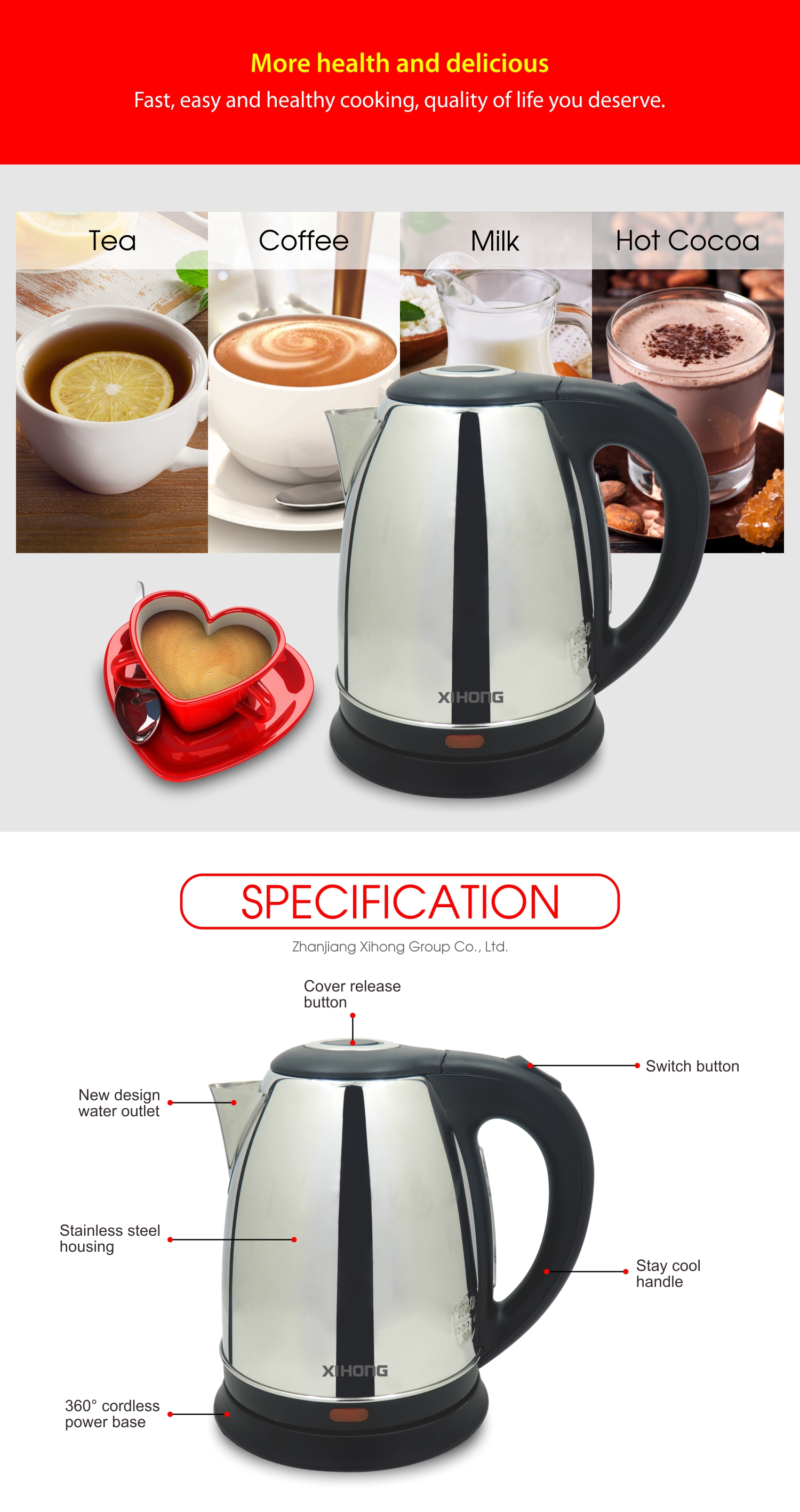 Double wall electric kettle features including cordless base and release button