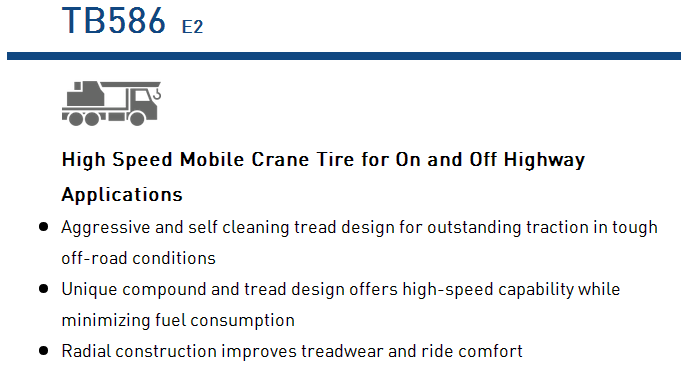 Radial mobile crane tire displaying tread pattern and technical labeling