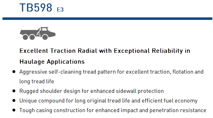 Radial off-the-road tire showing tread pattern and technical highlights