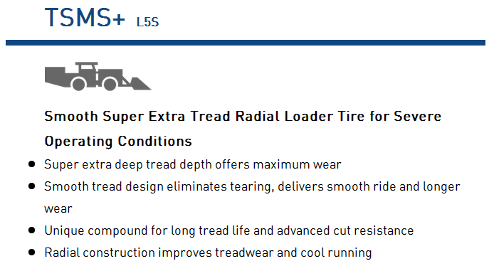 Radial loader tire tread detail and technical features