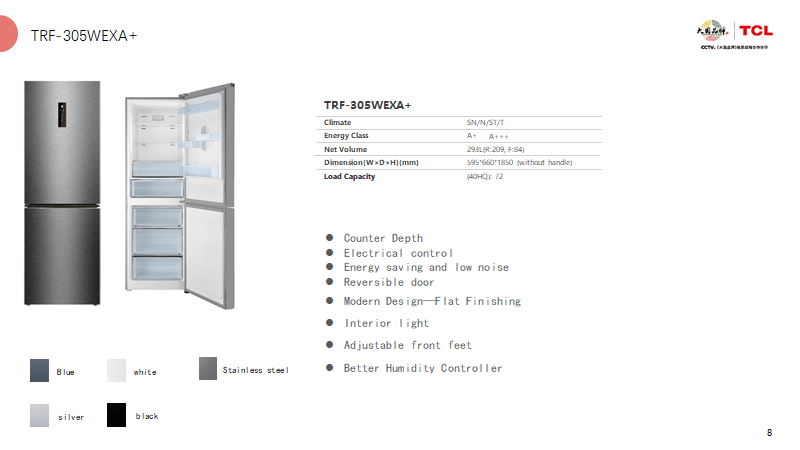 Bottom freezer refrigerator unit with technical specifications overlay